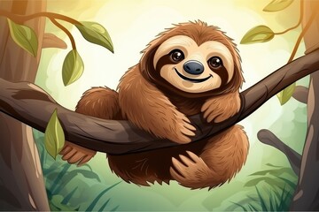 Fototapeta premium Funny sloth in wild nature. Drawn cartoon animal illustration. Generative ai