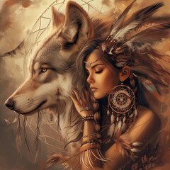 Portrait of a beautiful ethnic girl with wolf © Afflamen