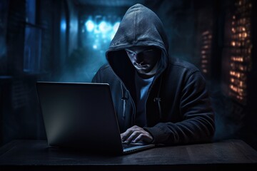 Hacker with laptop in hoodie dark theme. Generative ai