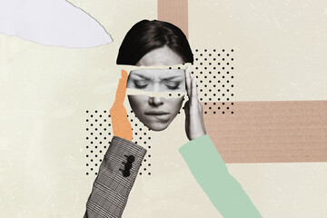 Creative weird collage of overwhelmed woman touch face suffer terrible migraine