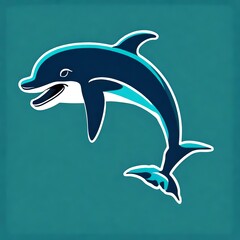 An adorable, singlecolored vector logo of a jubilant dolphin in deep navy blue, placed on a soft aqua background. Isolated on solid black background.  Upscaling by
