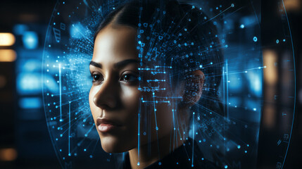 Futuristic Interface scanning system with spherical thin lines around a mixed Woman head with black hair and blurry dark background