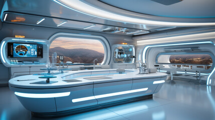Obraz premium Futuristic large Kitchen in high-tech style mainly in light blue color with some rings for white lighting and large windows on mountains