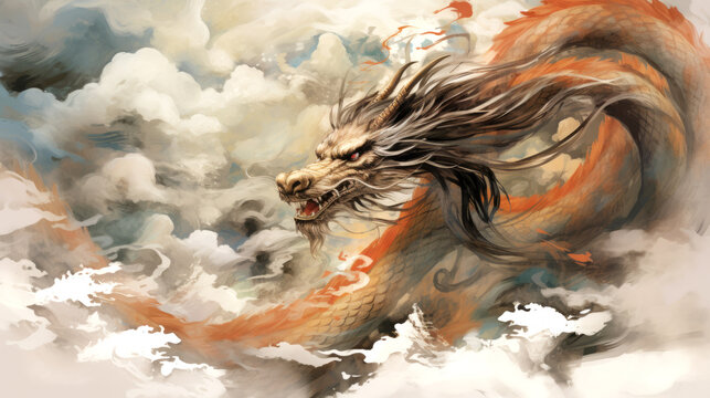 Drawing of a Bronze and Orange Traditional Chinese Dragon flying in the sky with dense clouds and a warm lightning