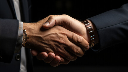 Close-up of a business Handshake between a mature hand with a watch and black sleeve and a white hand with metal bracelet and grey sleeve on a dark background