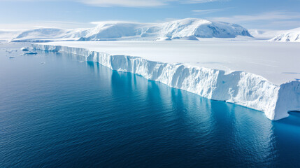 Aerial Wide view of the edge of the ice floe with the bluish zone just under the surface into a blue ocean with a blue sky