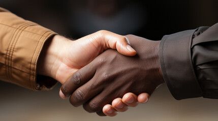 Close-up of a Handshake between a black hand with grey sleeve and a white hand with beige sleeve on a dark blurry background