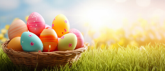 Close-up of Small basket with many colored and painted Easter Eggs put in the grass with a very sunny day and a blurry background