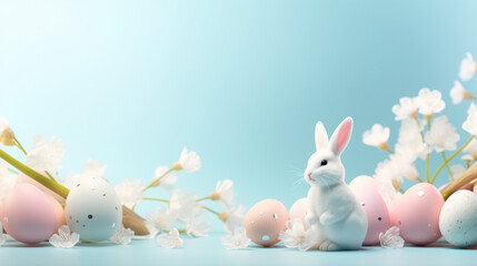 Naklejka na ściany i meble Cute white rabbit figurine put on the front right of some pastel colored Easter Eggs with blurry flowers in background