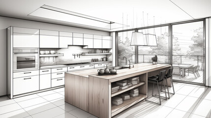 Stylized Large Kitchen interior with refined modern style in light sepia colors with a large patio and nature view