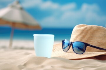 Serene beach setting with a straw hat and sunglasses on the sand, and plastic cup ready for a day under the sun