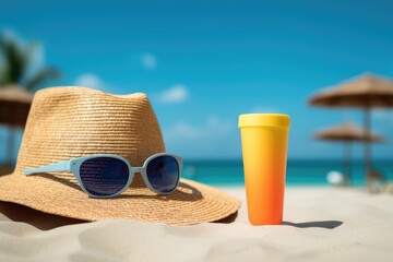 Serene beach setting with a straw hat and sunglasses on the sand, and plastic cup ready for a day under the sun