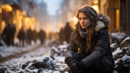 Very tired and sad young woman with winter clothes crouching outside in a path with remains under snow with a blurry evening street in background