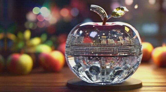 musical note symbol inside an apple made of crystal. 4k animation video.