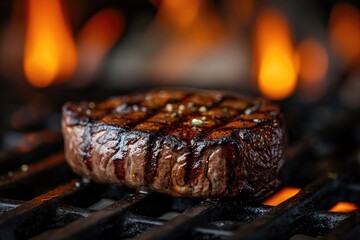Well-grilled beef cooked on the barbecue or grill. Viande de boeuf bien grillé en cuisson sur le barbecue, grill. - obrazy, fototapety, plakaty