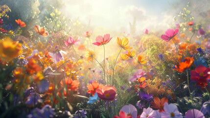 Nature's canvas bursts with vibrant hues as a sea of blooming flowers adorn the tranquil outdoor field