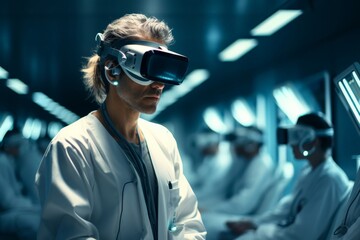 Artificial intelligence in Healthcare. Virtual reality glasses, AI role in medical training and simulation. Immersive learning and AI-assisted training