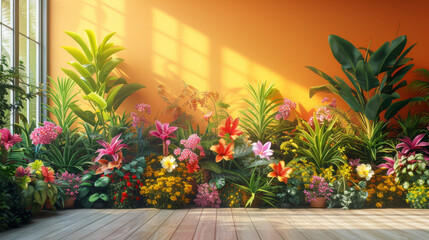Fototapeta na wymiar An array of vibrant houseplants, carefully arranged in a variety of flowerpots, creates a lush and inviting indoor garden, perfect for bringing the beauty of nature into any living space