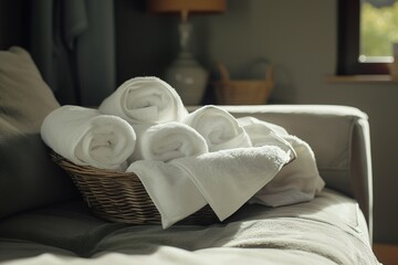 Fototapeta na wymiar white towels and are sitting in a basket on couch, towels are folded in a basket on a bed in a bedroom