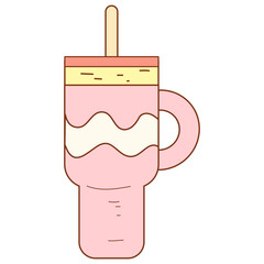 Obraz premium Reusable mugs, tumbler. Vector travel cups for coffee or tea hot drinks, water bottles or thermal flasks, isolated thermos mugs for takeaway beverages, Steaming Hot Beverage in Cup on Saucer