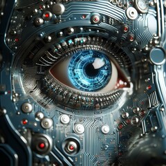 Artificial intelligence with human eye covered with electronci circuits.
