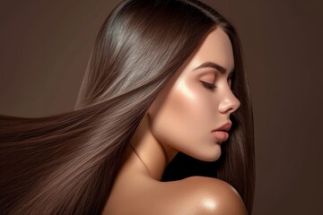 Stunning woman with sleek straight hair Keratin treatments spa care for beautiful smooth hairstyle - obrazy, fototapety, plakaty
