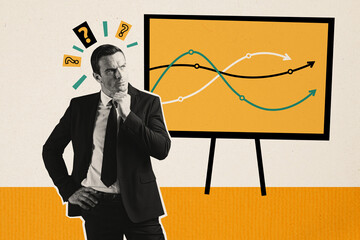 Collage mature thoughtful businessman solving planning strategy make business profit reach success...