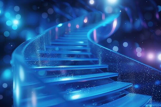 Winding staircase made of blue neon strips ascends to the platform, shimmering particles floating around the steps. 