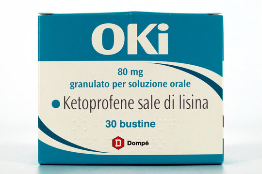 Italy &ndash; February 14, 2024: OKI medicine with a solution of the ketoprofen lysine salt. Oki is a brand of Domp&eacute; Farmaceutici S.p.A. - Italy