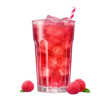 Chilled red raspberry drink with ice cubes in a glass, perfect for a refreshing summer beverage