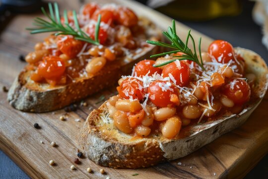 Tomato and rosemary baked beans with Parmesan on toast
