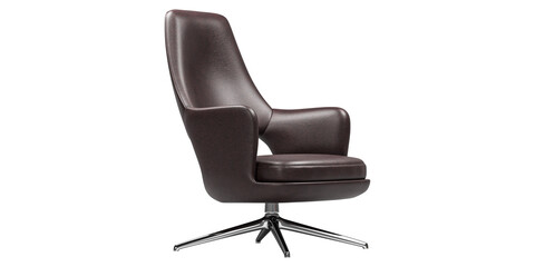 Brown leather modern and luxury armchair with metallic legs isolated on white background. Furniture series.