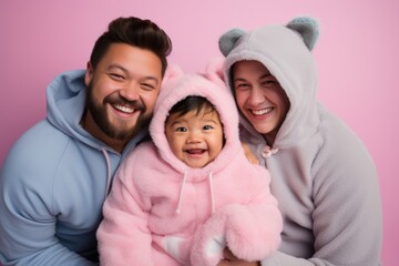 Cheerful family wearing cute animal hoodies, with a baby girl in a pink fluffy outfit, smiling brightly against a pink background