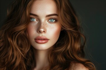 Fototapeta premium Studio photo of a stunning brunette with flawless makeup curls and an enchanting face