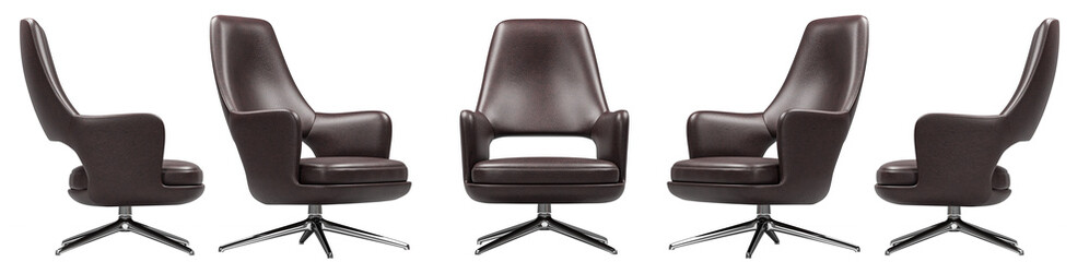 Brown leather modern and luxury armchair set  with metallic legs isolated on white background. Furniture series.