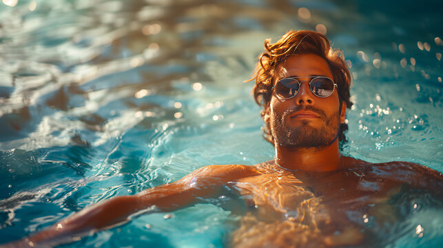 20s white man swimming in pool with sunglasses. Concept of summer vacation. 