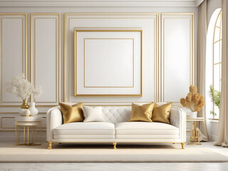 Blank picture frame on a wall for showcasing art in an elegant design and luxurious all-white living room with gold accents design.