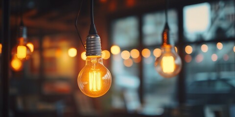 Light bulbs with warm lighting in a cozy cafe or restaurant.