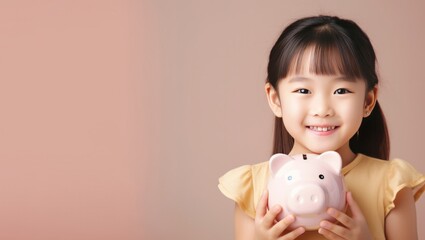 Fototapeta na wymiar Smiling little Asian girl posing with a piggy bank in her hands, standing against a pink background