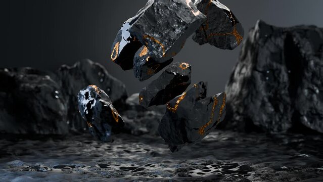 abstract background with levitating stones rocks cobblestone, asteroid meteorite rock float, stone fragments, golden repair Kintsugi, kintsukuroi, 3d render