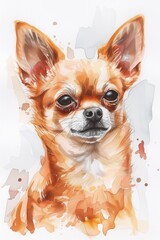 Watercolor portrait of a cute ginger dog of the Chihuahua breed.