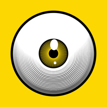 Logo d'un œil jaune style gravure. Style lithographie psychédélique.