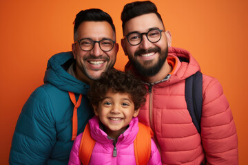 Wrapped in winter gear against an orange backdrop, a gay couple and their child share a moment of pure joy, their smiles as warm as their embrace - Powered by Adobe