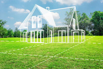Illustration d'une maison sur une photographie d'un terrain vide. Visuel pour immobilier, à vendre.