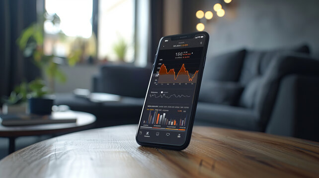Intimate look at a modern trading app on a smartphone, featuring touch-responsive, live market graphs and transaction notifications,generative ai