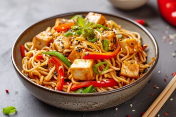 Veggie yakisoba with tofu on a grey plate