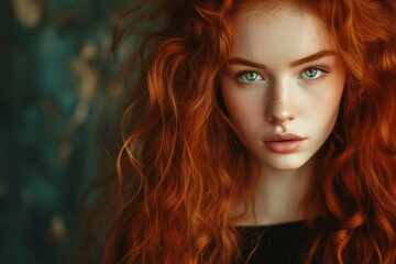 Redhead girl with curly hair poses beautifully Isolated on vintage background with stunning hair and green eyes Represents beauty art fashion health and wellbein