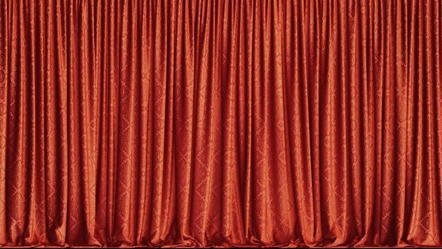 Realistic 3D animation of the luxurious textured orange red curtain with embossed fancy ornament rendered in UHD with alpha matte