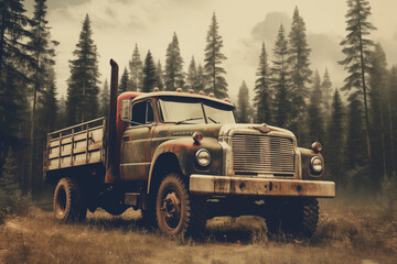 Old vintage truck in the forest retro photography