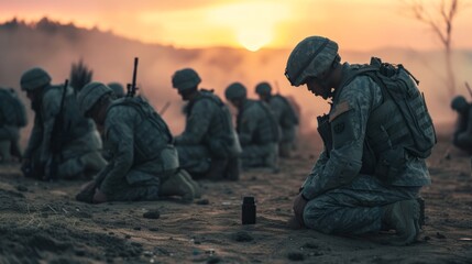 Military man praying outdoors on knees.